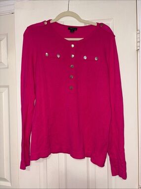 Karen Millen Hot Pink Button-Accent Knit Top. Size XL